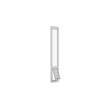 A white sliding glass door insert with a partially open pet door.
