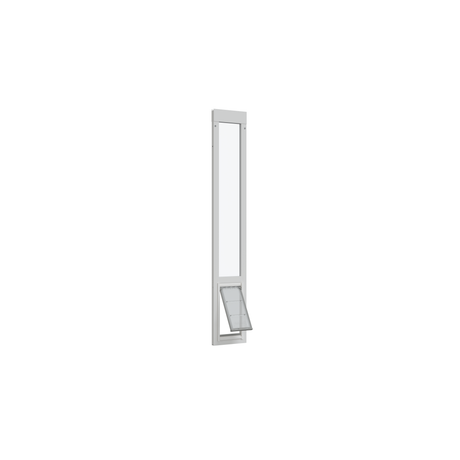 A white-framed sliding glass door insert with a pet door that's slightly ajar.