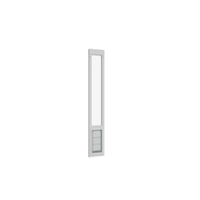 White sliding glass door panel with a pet door at the bottom.