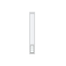 A tall, narrow, white-framed pet door is centered against a white background.