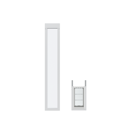 Two white-framed pet door components are displayed on a white background.