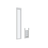 A tall, narrow glass window and a smaller pet door are presented on a white background.