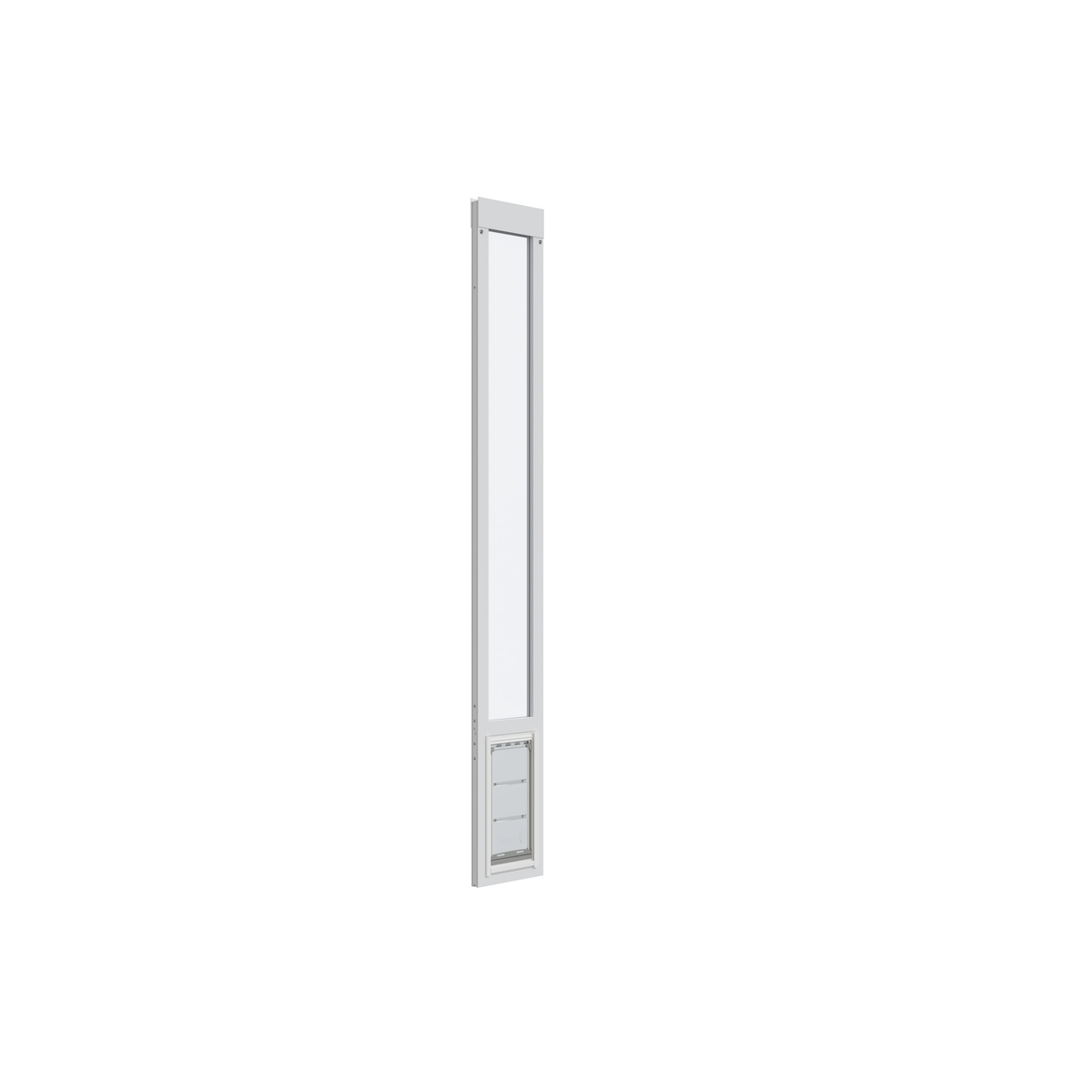 A white panel with a clear window and pet door is isolated on a white background.