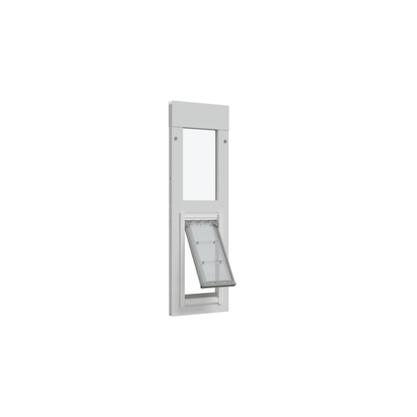White-framed pet door with a transparent flap.