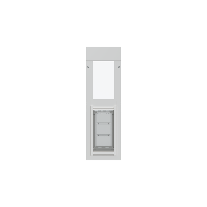 White-framed pet door with clear panels.