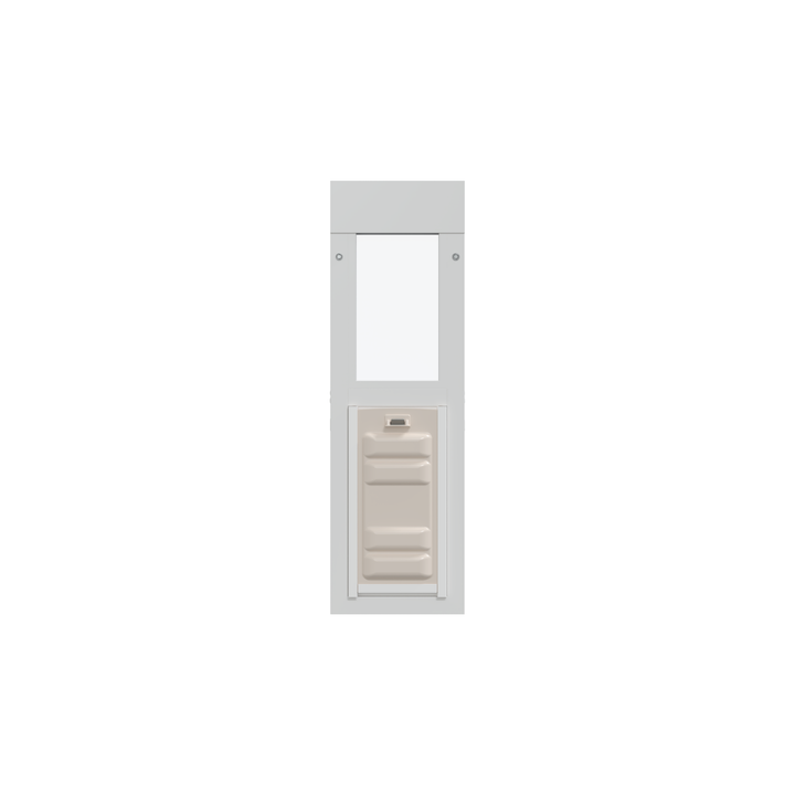 A white pet door with a tan sliding closure.