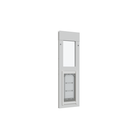 A white sliding glass door insert with a pet door.