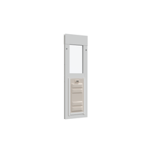 A white-framed pet door with a clear panel and beige flap is seen against a white background.