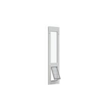 A white sliding glass door insert pet door with a partially open flap.
