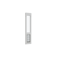 White-framed glass window with a pet door panel.