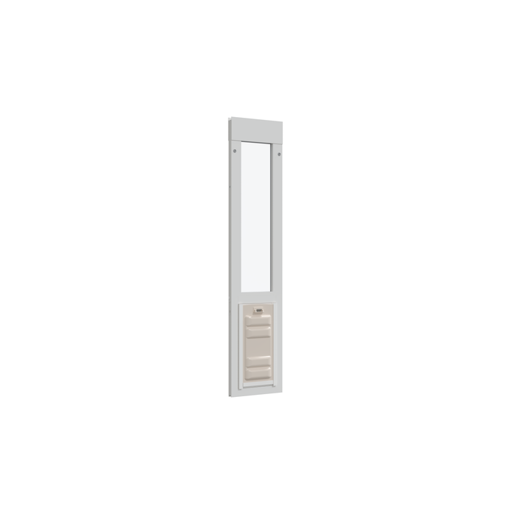 A white pet door with a beige pet flap.