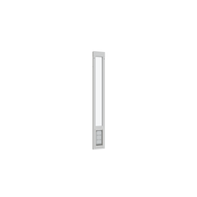 A white-framed sliding glass door insert with a pet door is shown.