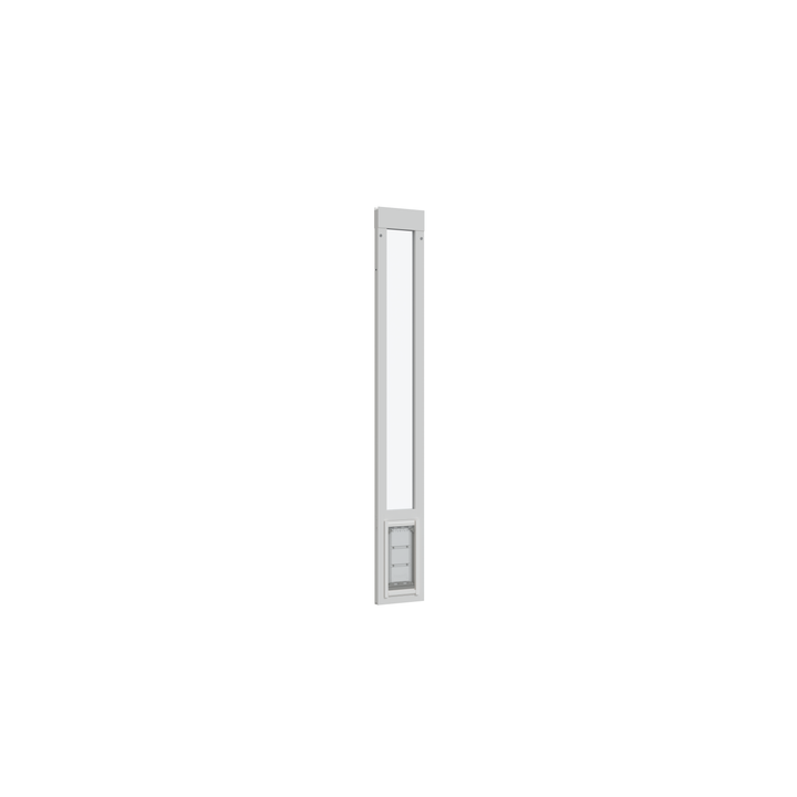 A white-framed sliding glass door insert with a pet door is shown.