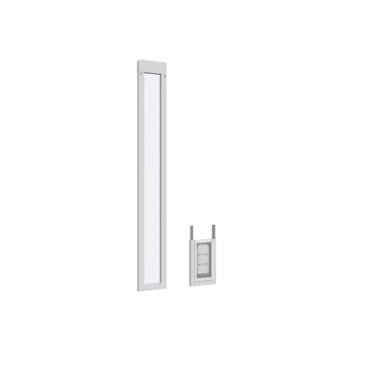 A narrow, white-framed pet door extension panel and a pet door are shown on a white background.