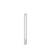 A white sliding glass door insert with a pet door is shown on a white background.
