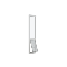 A dog door is partially open in a white frame.