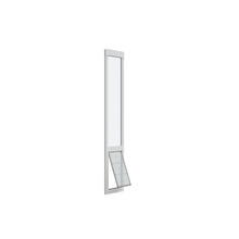 A white-framed sliding glass door insert with a pet door at the bottom is shown.