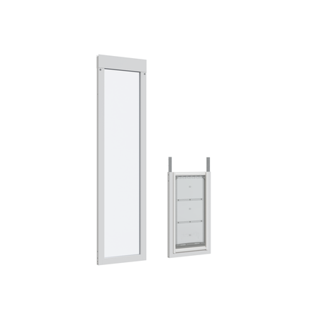 Two white-framed pet doors, one a single flap and the other with three flaps, are isolated on a white background.