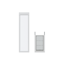 Two gray metal framed panels with white opaque inserts, one tall and narrow, the other shorter and wider.