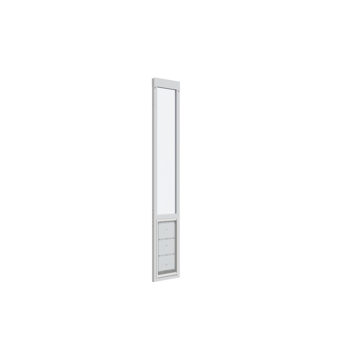 White patio door insert with a clear window and pet door.