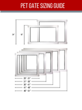 A diagram illustrating different sizes of pet gates, including height and width dimensions.