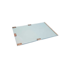 A clear glass shelf with metal brackets and trim.
