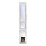 A tall, narrow, white pet door with transparent flaps is shown against a white background.