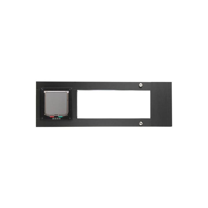 Black pet door with a rectangular frame.