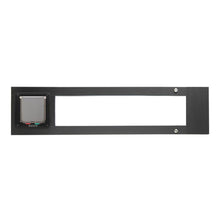 Black-framed pet door with flap.