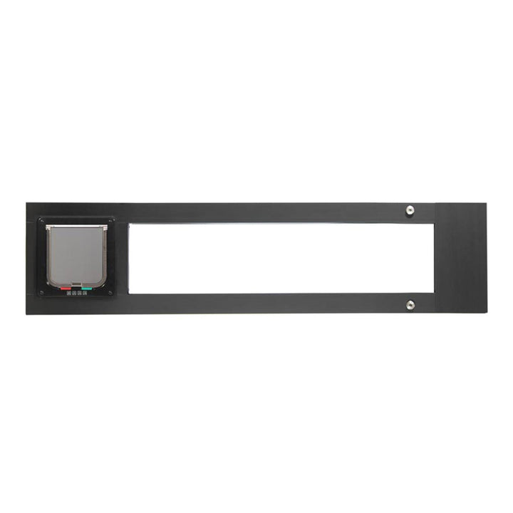 Black-framed pet door with flap.