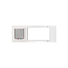 A white pet door for sliding glass doors is shown.