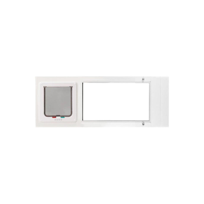 A white pet door for sliding glass doors is shown.