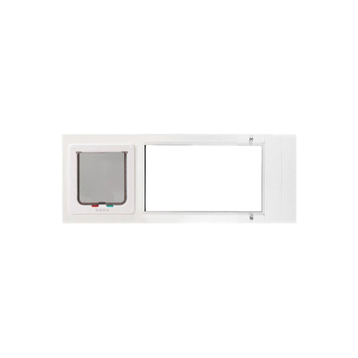 A white pet door for sliding glass doors is shown.