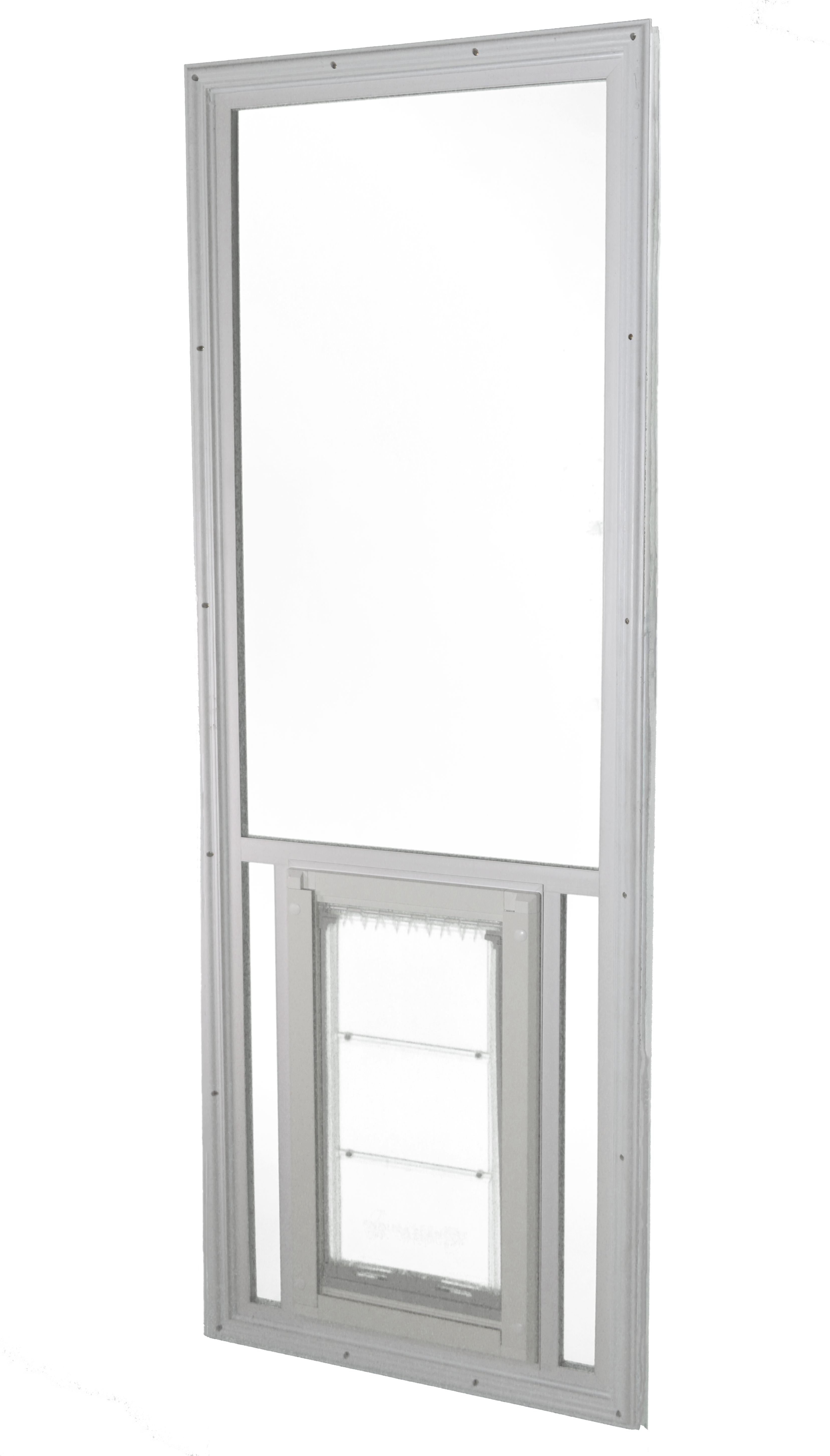 A white-framed glass window includes a pet door at the bottom.