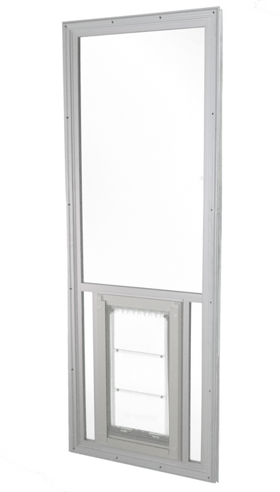 A white-framed glass window includes a pet door at the bottom.