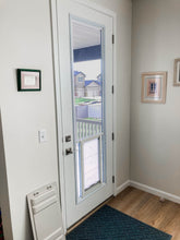 A white door with a dog door insert leads to an exterior view of houses.