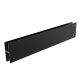 Black metal U-channel with mounting holes on white.