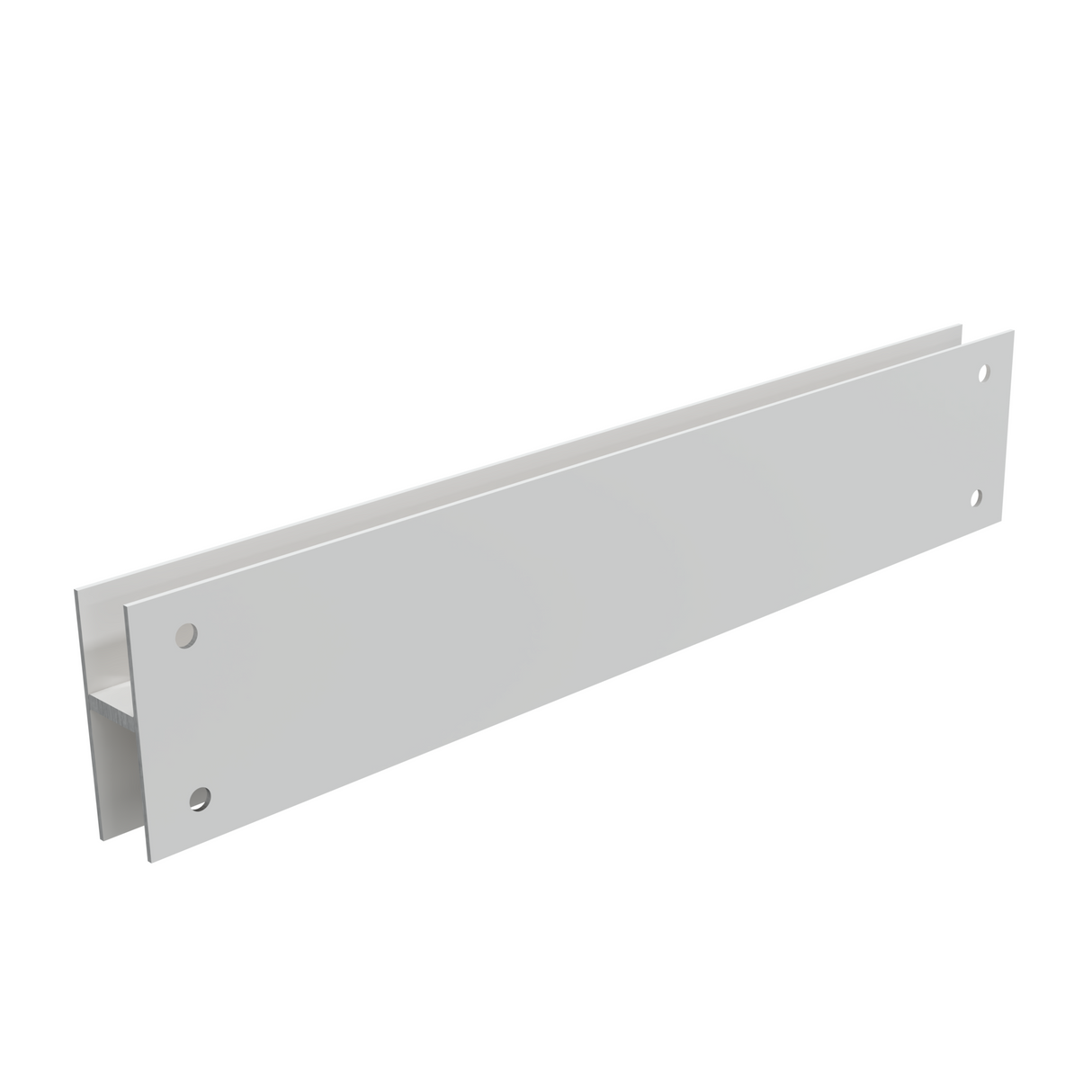 A white metal H-channel piece with mounting holes.