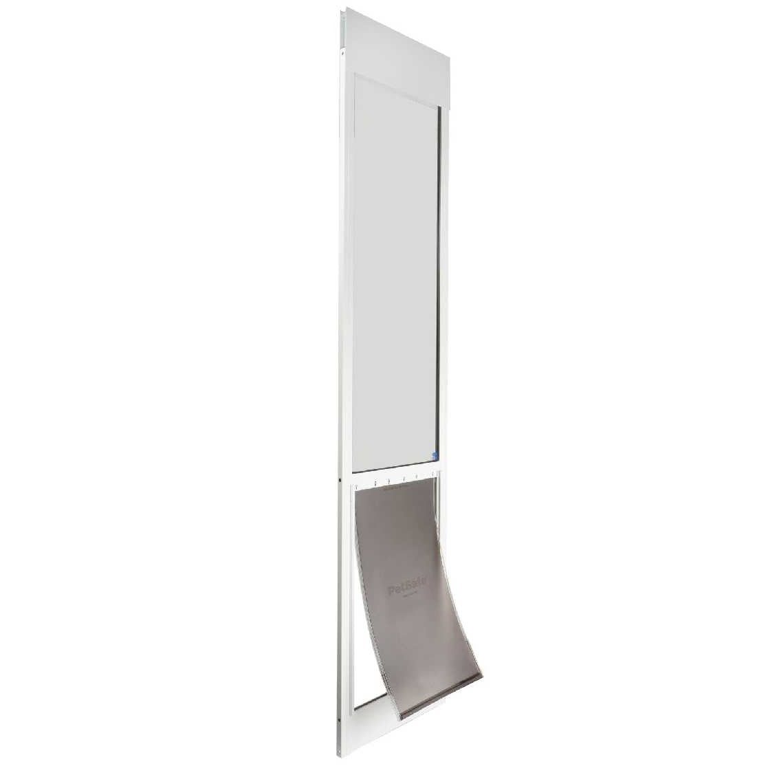 A white-framed sliding glass door insert with a flexible PetSafe brand pet door.
