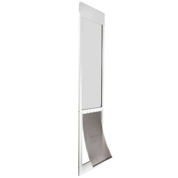 A white-framed sliding glass door insert with a flexible PetSafe brand pet door.