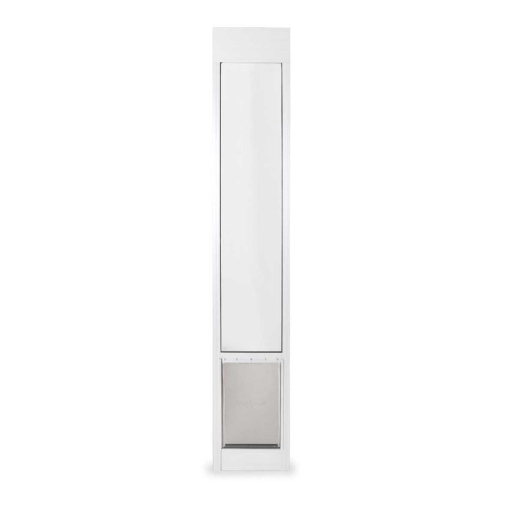 White sliding glass door insert with dog door.