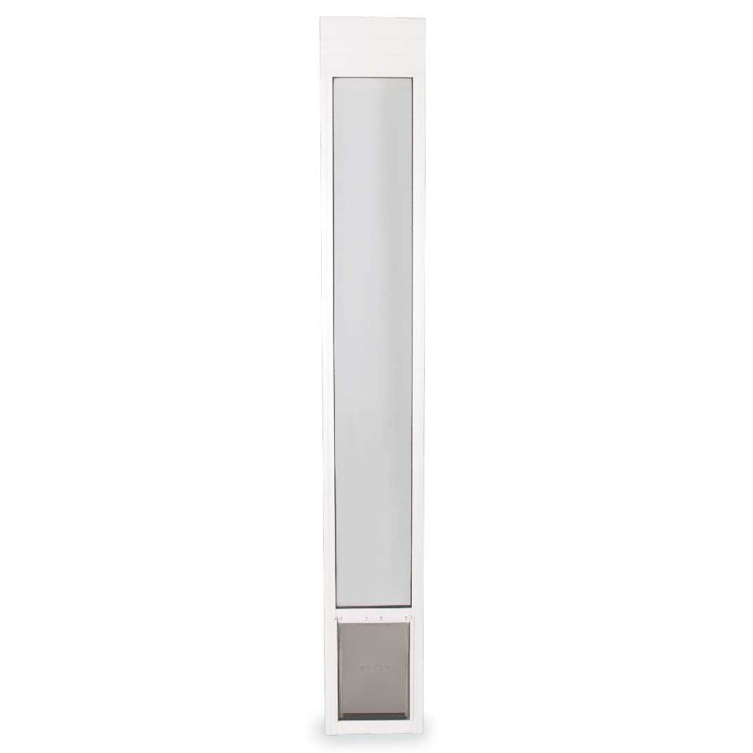 A white sliding glass door insert with a pet door at the bottom.