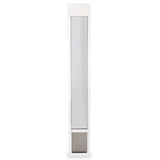 A white sliding glass door insert with a pet door at the bottom.