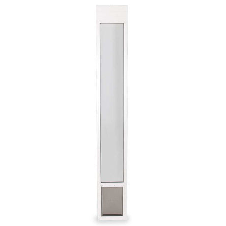 A white sliding glass door insert with a pet door at the bottom.