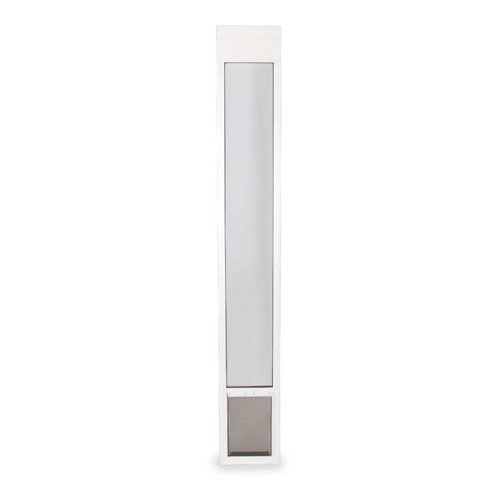 A white sliding glass door insert with a pet door at the bottom.
