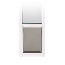 A white-framed pet door with a transparent top panel and a PetSafe-branded gray flap.