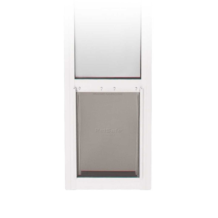 A white-framed pet door with a transparent top panel and a PetSafe-branded gray flap.