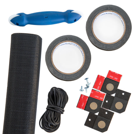 This image shows a collection of window screen repair materials, including mesh, tape, a screen roller, screws, rubber spline, and magnetic mounts.