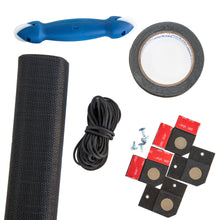 A collection of window screen repair materials on a white background.