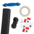 Screen Pet Door Conversion and Replacement Kit, overhead flat-lay of a deluxe kit in white sized for a regular door, with a roll of black screen mesh, a blue and white spline roller tool, a single roll of white 3M tape, a coil of black rubber spline, white magnetic flap pads, and silver screws.